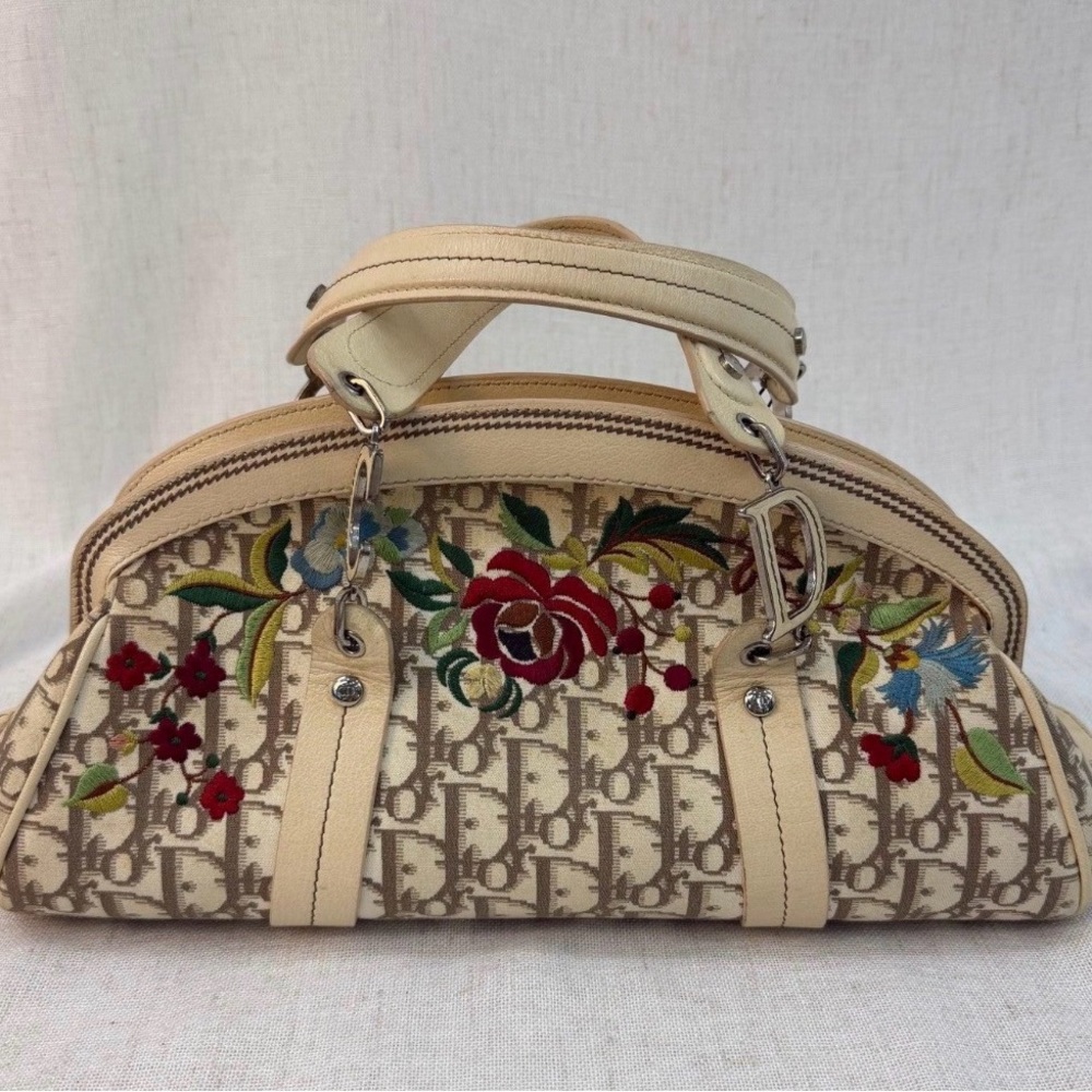 Dior Diorissimo  Beige Satchel with Floral Embroidery